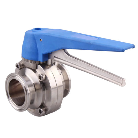 Butterfly valve with blue lever handle, 1.5 inch tri-clamp stainless steel 304.