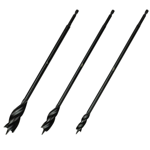 Three Piece Twelve Inch Wood Auger Bit Set With One Quarter Inch Quick Change Hex Shank, black finish, front view of bits.