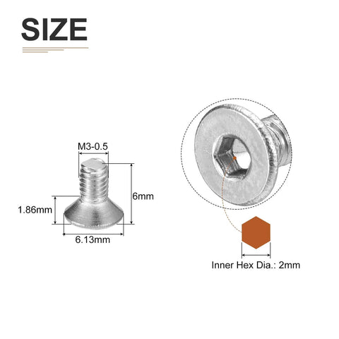 Illustration showing dimensions of M3 Socket Cap Screws 0.5 x 6mm Flat Head, with 2mm hex drive, made of 304 stainless steel.