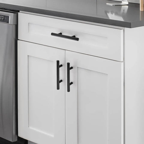 Matte Black Cabinet Handles 5 Inch Overall Length With 3 Inch Hole Centers 76 Mm Cabinet Pulls Stainless Steel Drawer Knobs installed on white kitchen cabinets