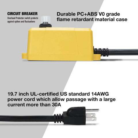 Auto Vacuum Switch AVS3900 For Power Tools showing yellow PC+ABS case and UL-certified 14AWG power cord.