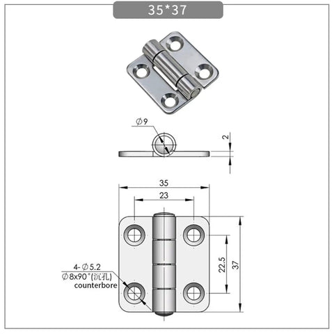 304 stainless steel damping shaft positioning hinge, 35×37 mm, front view with four mounting holes