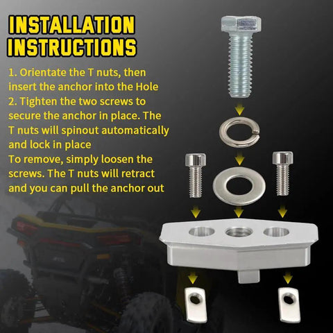 Four Pack ATV And UTV Anchor Tie Down Anchors Compatible With Can Am Sea Doo Ski Doo Convert Factory Holes Into Threaded Bolt Holes installation diagram with screws and T-nuts shown.