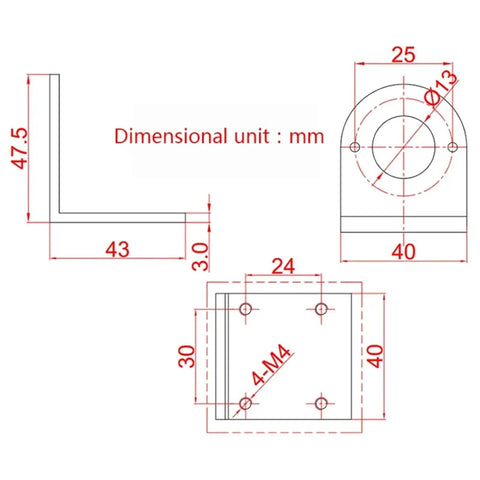 Technical drawing of 38ZYTD Bracket For DC 555 550 545 Motors Black Aluminum Alloy L Shape Fixed Mounting Support for Robotics
