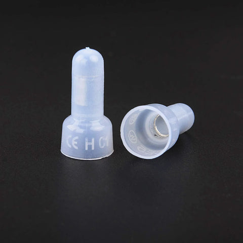 Nilight closed-end crimp terminals, nylon insulated, blue translucent; front/side views show 2 pcs for 22-16/16-14/12-10 AWG