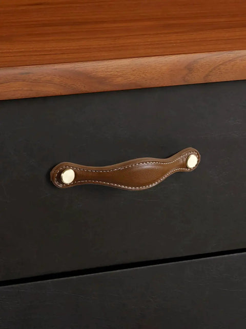 Brown leather drawer pull with zinc alloy base on black dresser, Leather Drawer Pulls 5 Pack, 5 Inch 128mm Leather Handles Knobs For Cabinets