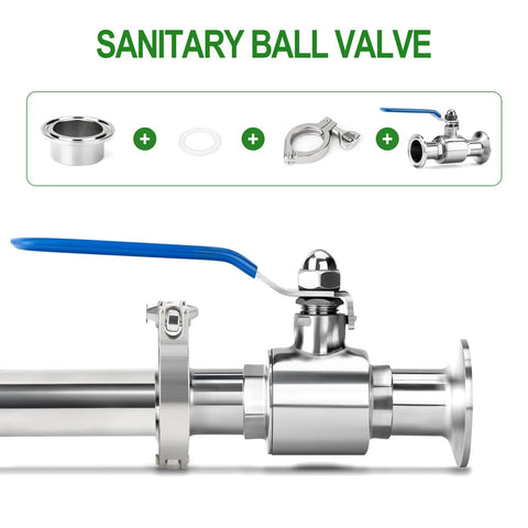 Sanitary ball valve, side view; 2.5 in tri-clamp, 304 stainless steel with blue lever; includes ferrule, gasket, clamp.