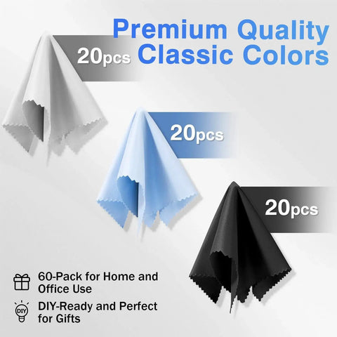 Three microfiber cleaning cloths in gray, blue, and black from 60 Pack Microfiber Cleaning Cloths 6x7 Inches For Glasses Screens Cameras Phones.