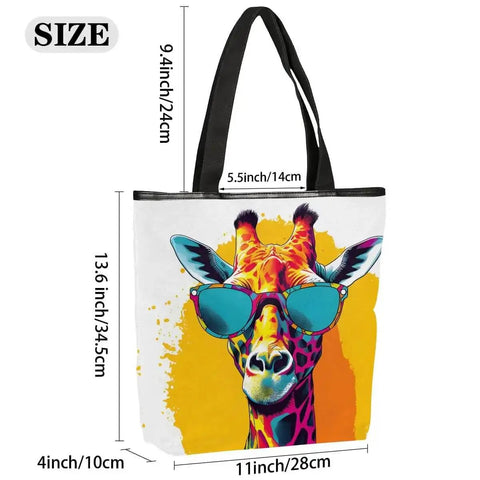 Durable Canvas Tote Bag For Women And Men With Zipper Closure, Reusable Grocery And Shopping Tote, Stylish Shoulder Handbag For Beach, Gym, Picnic Or Work, Eco Friendly Carryall With Giraffe Print Accent featuring a giraffe with sunglasses.