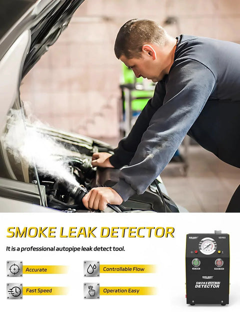 Mechanic using Car Smoke Tester For EVAP And Vacuum Leaks, 12V DC Automotive Smoke Machine For EVAP Exhaust And Intake System Leak Detection, Professional Grade Tool For Finding Leaks And Fixing Issues By Solary on car engine