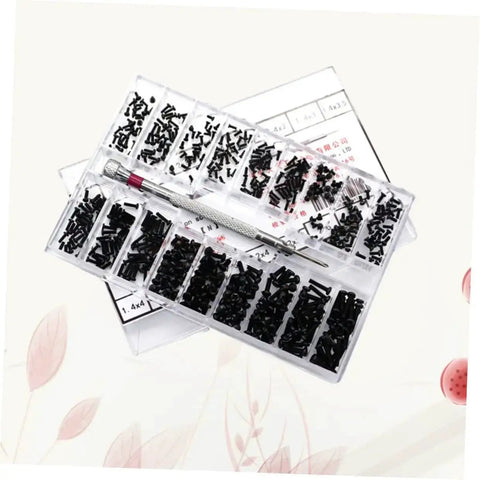 Handy Miniature Screw Set With 18 Different Countersunk Flat Screws for glasses, watches, and small DIY projects in a storage box.