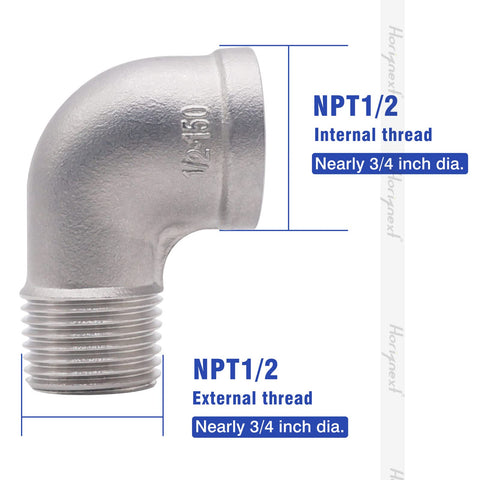 Stainless steel NPT 1/2 elbow fitting, 90-degree, internal and external threads, for water/air PVC tubing, Amazon