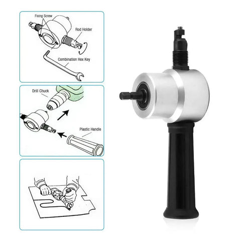 Diagram and image of Double Head Sheet Metal Nibbler Cutter Drill Attachment For Straight And Curved Cuts with ergonomic handle
