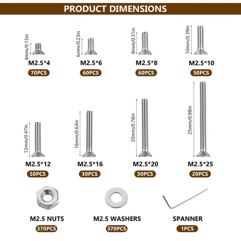 Beefy 1110 Pcs M2.5 Screw Set dimensions with stainless steel screws, nuts, washers, and spanner for DIY projects