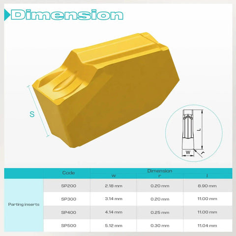 Self Grip Carbide Parting Inserts For CNC Lathe, yellow coated, with SP200-SP500 dimensions table, part of SPB326 SPB332 series.
