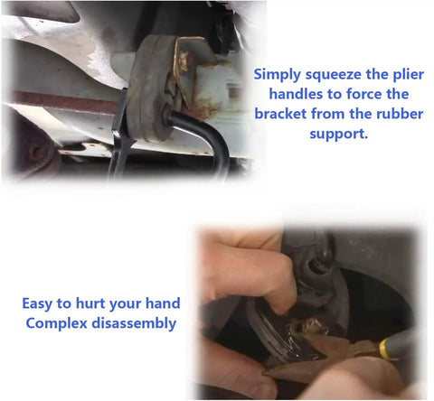 Exhaust Hanger Removal Tool And Rubber Bracket Pliers For All Vehicles in use, showing pliers squeezing rubber support.