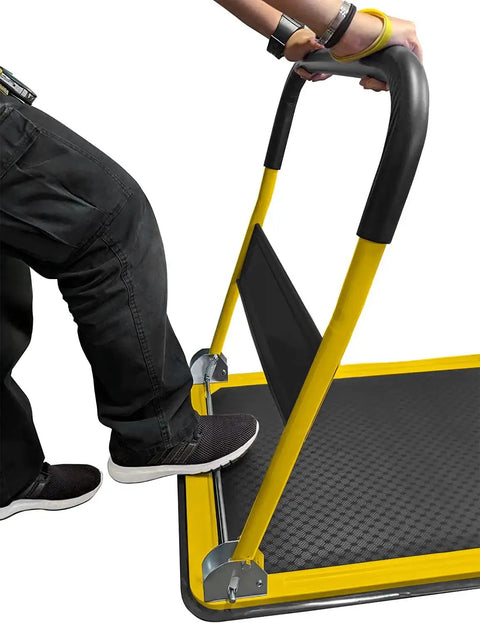 Person folding Heavy Duty Foldable Push Cart Dolly With 660 Lb Capacity And Upgraded Collapsible Hand Truck, yellow frame visible