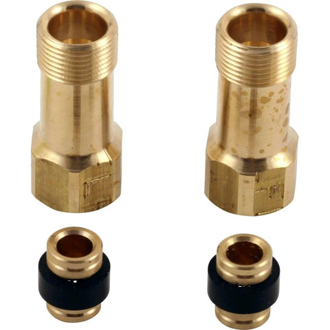 Delta Pilar brass check valves: two large threaded brass valve bodies with hex bases and two small black seals