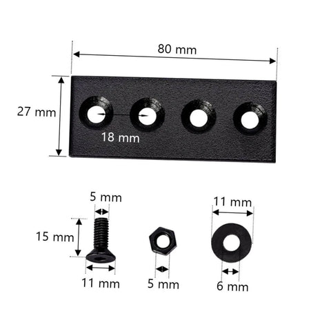 Track Splicing Metal Joint Plate For Barn Door Track, Flat Bracket Connector in black carbon steel with dimensions shown.