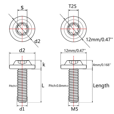 Beefy Titanium M5x15mm Torx Head Bolt Set Gold For Bicycle And Motorcycle Built Tough With Grade 5 6AL 4V Titanium Alloy diagram