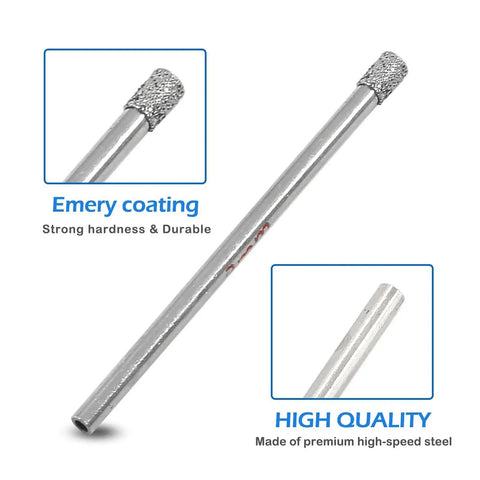 Diamond Hole Saw Set For Glass Tile Marble Ceramic Granite Quartz Gemstone With Twelve Pieces One Eighth Inch Shank Five Millimeter Cutting Depth Diamond Drill Bits By Luomorgo No Fuss Easy Cut Crack Free Drilling And Long Lasting Performance showing a drill bit with emery coating and high-quality steel.