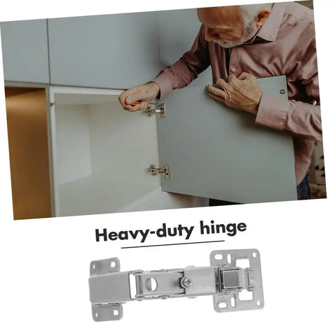 Heavy Duty Concealed Door Hinge Set For Fire Doors And Hidden Cabinets 2 Pack, visible on a cabinet with a man adjusting it