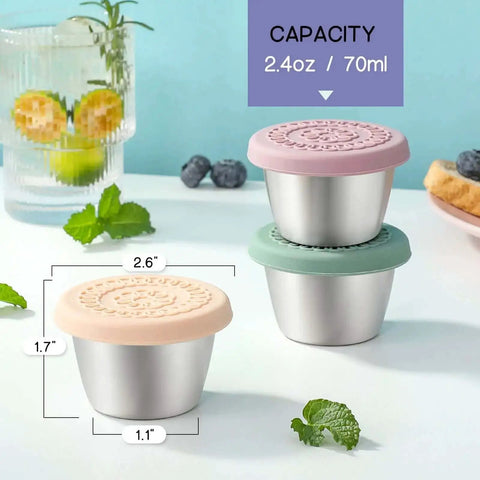 Colorful silicone lids on Eight Pack 2.4oz Stainless Steel Condiment Containers, perfect for lunch bento boxes and travel, shown stacked.