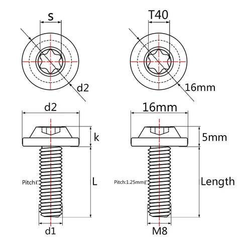 Technical diagram of Burnt Blue Titanium M8x20mm Torx Head Bolts Pack Of 4 For Bikes And Gear The 6Al4V Titanium Alloy Grade 5.