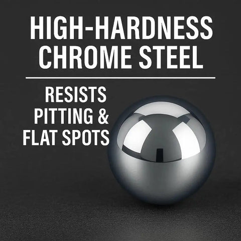Five 1 Inch Chrome Steel Bearing Balls G25 For Precision Machinery And Industrial Use, high-hardness chrome steel text close-up.