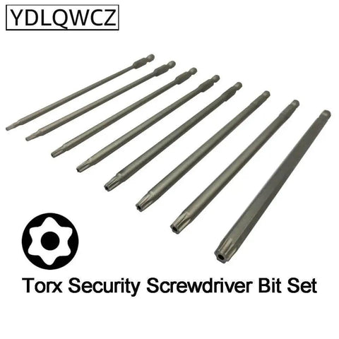 Long Torx Security Screwdriver Bit Set 6 Inch Length 150mm One Quarter Inch Hex Shank Eight In One 8 Piece T8 to T40