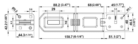 Technical drawing of Extra Heavy Duty Concealed Safety Hasp With Flexible Link And Hardened Staple, six and one quarter inch, zinc plated.
