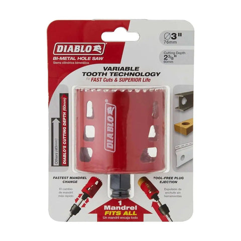 Bi Metal Hole Saw With Variable Tooth Design For Faster Cuts And Deep Drilling Power, Snap Lock Plus Mandrel System Compatible, 3 Inch Diameter And 2-3/8 Inch Cutting Depth, DHS3000 Diablo packaging