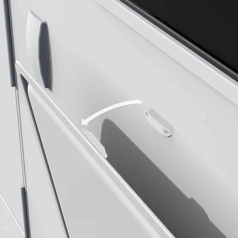 4 Pair Magnetic Baggage Door Catch And Holder Kit White Door Latch with super strong magnets for RVs, showing door operation.