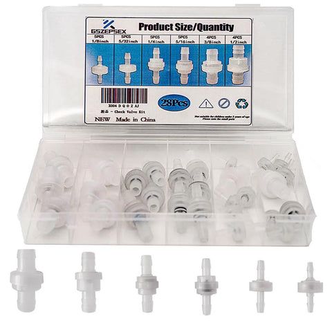 28-piece white plastic check valve set with plug-in barb fittings for liquids and gases, 1/8–1/2 in, Amazon BISS