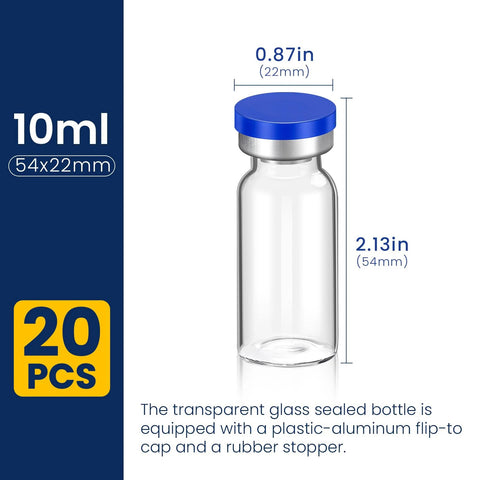 10ml glass sterile vial with blue cap, 54×22mm, 20-pack for injections