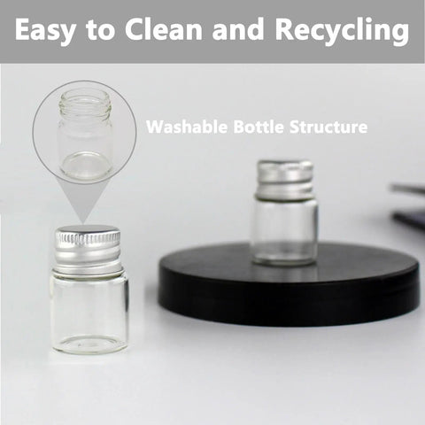Four Pack 5ml Glass Jars With Lids Tiny Mini Bottles For DIY Crafts Storage And Decor, focusing on washable structure and screw cap.