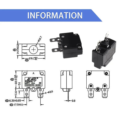 Diagram and image of 2-Pack 125 To 250V AC And 32V DC Thermal Circuit Breaker 30A Auto Reset Overload Protector Switch components