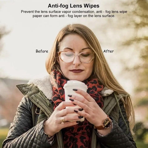 Woman using Pre Moistened Anti Fog Lens Wipes For Glasses And Sunglasses Pack Of 60 outdoors, showcasing before and after effect.