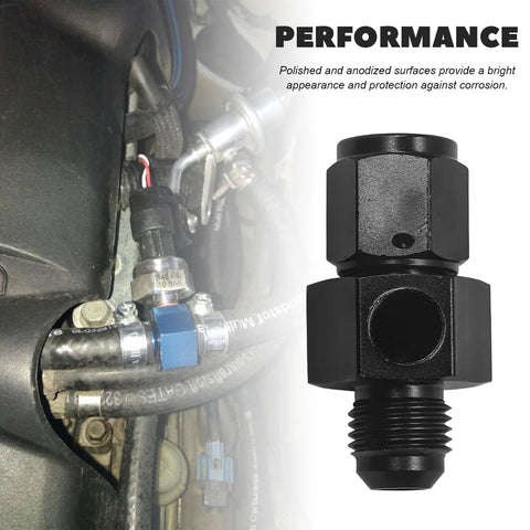 NYTKL 6AN male flare to 6AN female swivel fitting adapter, aluminum, with 1/8 NPT gauge port for fuel line sensor take-off.