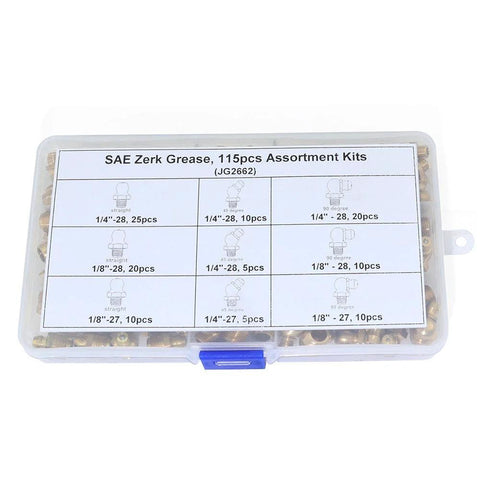 Boeray 115-piece brass Zerk grease fittings kit in clear case; SAE 1/4 and 1/8 sizes with straight and angled fittings