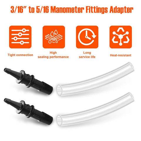 RMA316 manometer tube adapter set, 2 pcs 3/16 to 5/16 inch fittings, black connectors with clear tubing, Amazon
