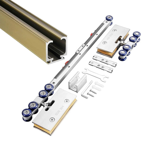 Sliding Glass Shower Door Hardware Kit With Silent Rollers And Aluminum Alloy Track Soft Close Pocket Barn Closet Bypass System Ceiling Mounted Champagne Finish 1.4 M Length Tough Aluminum Rail For Smooth Quiet Operation Easy Install components laid out, including champagne finish aluminum rail and silent rollers.