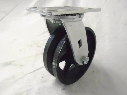 Close-up of a 4 Pack Swivel Caster Wheel Set 6x2 Inch with Seven Eighths Inch V Groove Iron Steel Wheels showing top plate and bolt pattern.