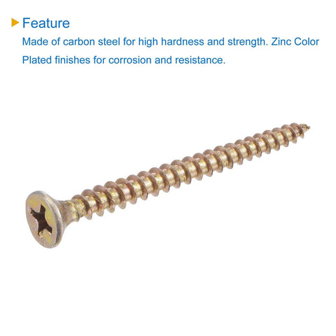 Close-up of M4 X 50mm wood screw, flat head, Phillips self-tapping, carbon steel, zinc plated for hardwood carpentry projects.