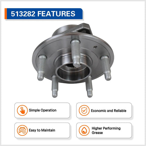 Front view of Drop In Replacement Five Lug Wheel Hub And Bearing Assembly With Encoder ABS For 2008 Through 2014 Cadillac CTS And 2010 Through 2015 Chevy Camaro And 2018 Through 2019 Cadillac XTS And 2018 Through 2019 Chevy Impala.