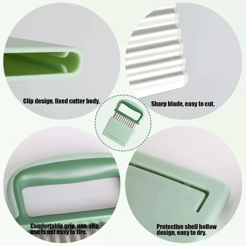 Crinkle Cutter For Veggies And Potatoes With Protective Case And Handle Stainless Steel Wave Cutter For Carrot Slicer French Fry Cutter Onion Chopper Green Durable 0.02 Inch Blade Measures 3.54 By 2.75 Inches showing details of the green handle and wave blade.
