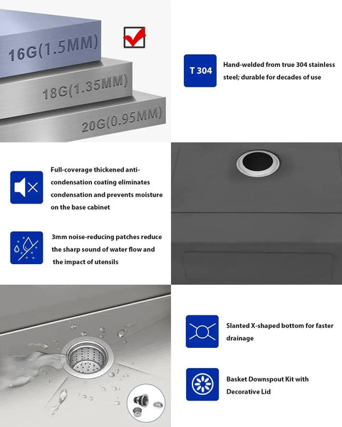 Features of Drop In Laundry Room Sink With 12 Inch Depth, 16 Gauge 304 Stainless Steel Utility Sink, Dcolora DC-L7701