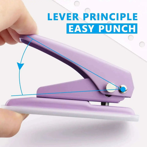 Close-up of purple heavy-duty single hole punch for up to fifteen sheets, showing easy punching mechanism and skid-resistant base.
