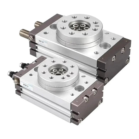Front view of two MSQB-30A pneumatic rotary actuators with aluminum bodies, 190° swing, mounting flanges.