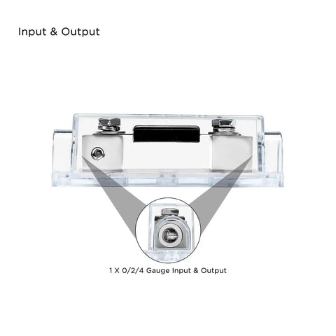 Inline ANL Fuse Holders 150 Amp, Dual Pack With Reducers, 0/2/4 Gauge In And Out, clear view of input and output.